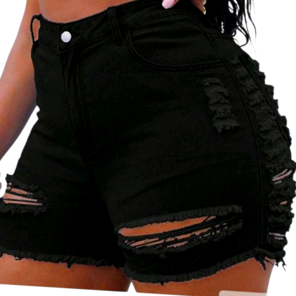 Edgy Black Jean Shorts with Distressed Design